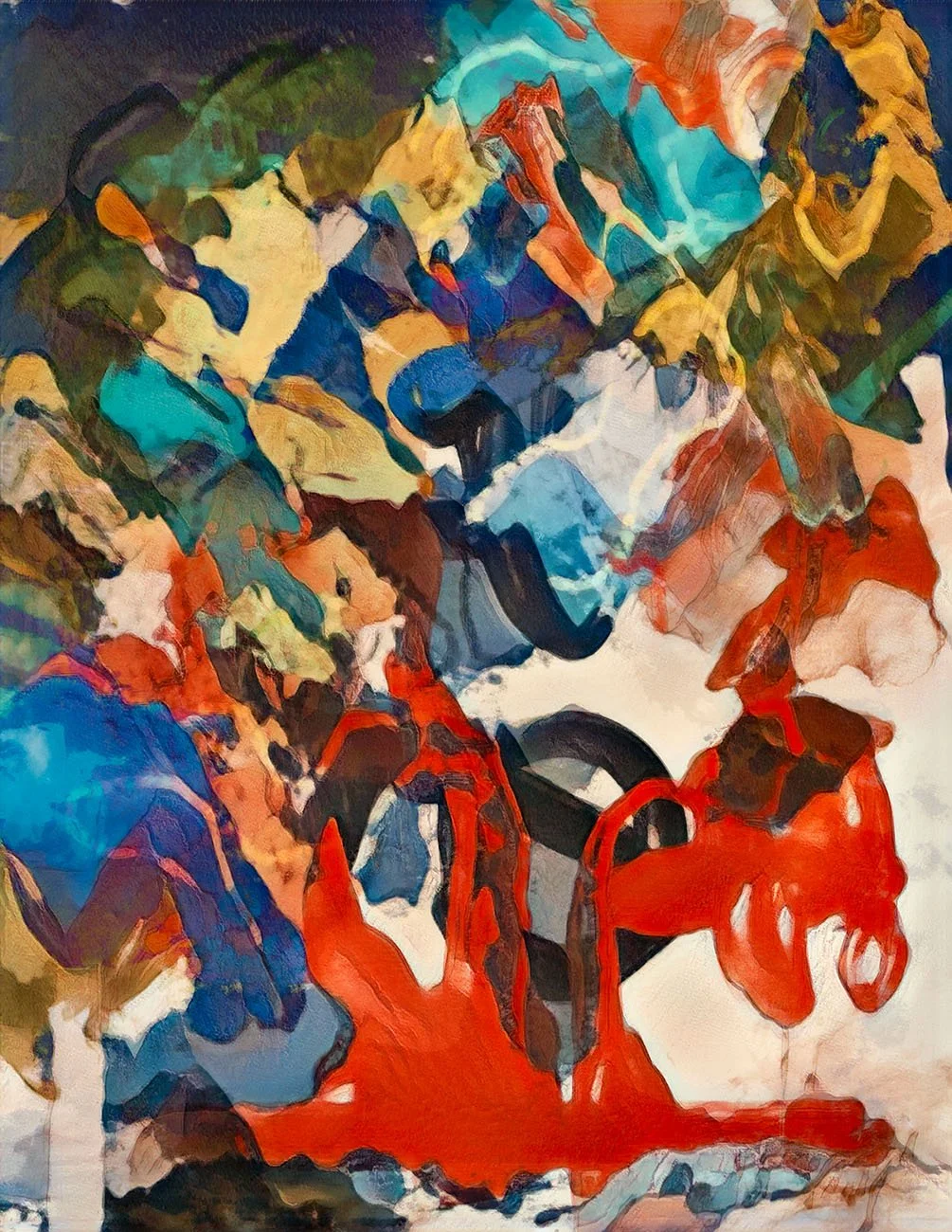 An abstract painting with vibrant colors including blue, red, green, yellow, black, and white, creating a chaotic and dynamic composition.