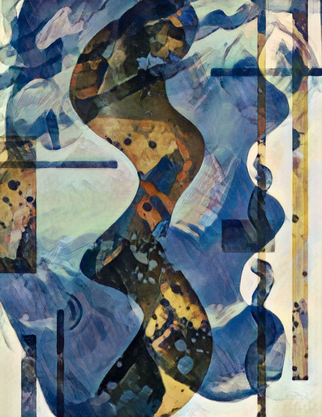 Abstract artwork with a colorful, splattered paint style.