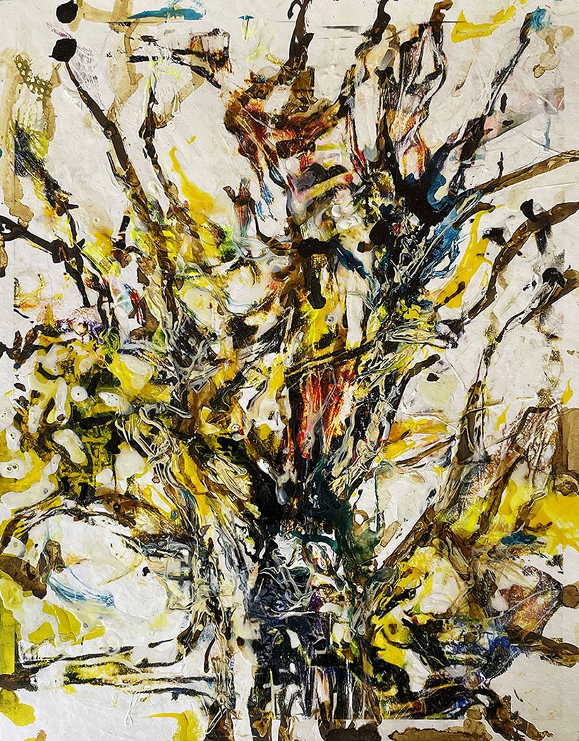 Abstract tree painting with black, yellow, white, red, blue, and brown splashes and drips creating a chaotic, expressive composition.