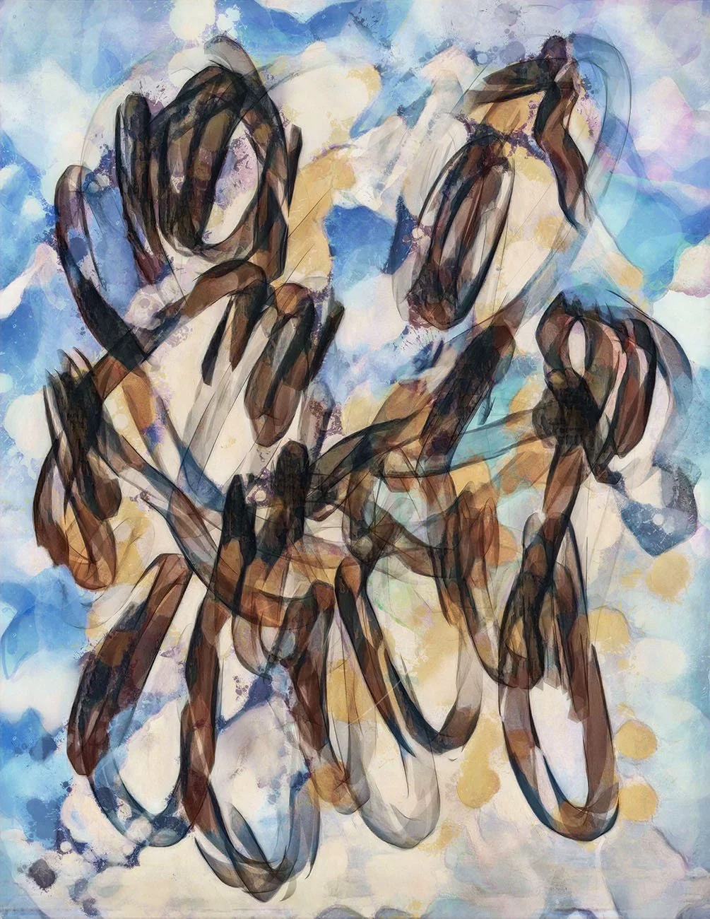 Abstract painting of an angel ascending through the colorful sky horse.