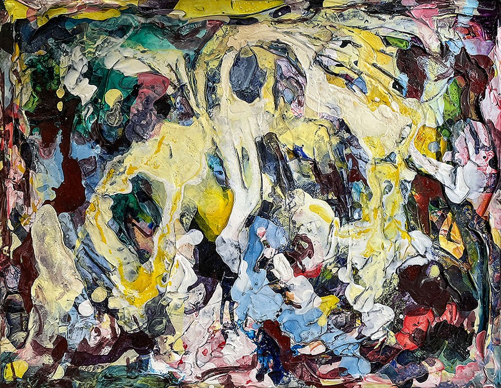 Abstract painting with swirl of colors including yellow, blue, white, red, green, and black.