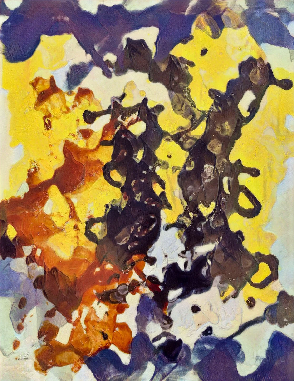 Abstract acrylic painting featuring a blend of dark brown, yellow, orange, and purple colors with swirling, fluid shapes.
