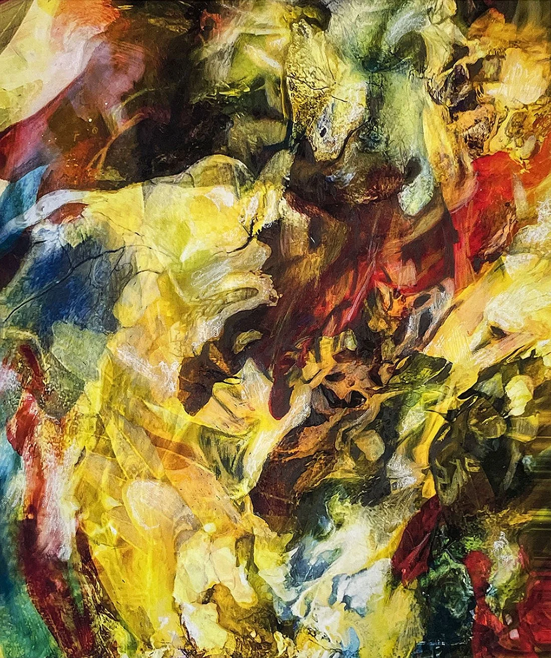 Abstract colorful painting with swirls of yellow, red, green, blue, and black.