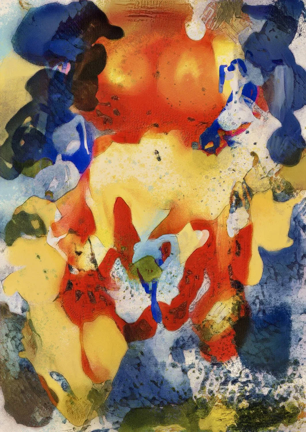 Abstract painting with vibrant reds, yellows, blues, and greens blending together.
