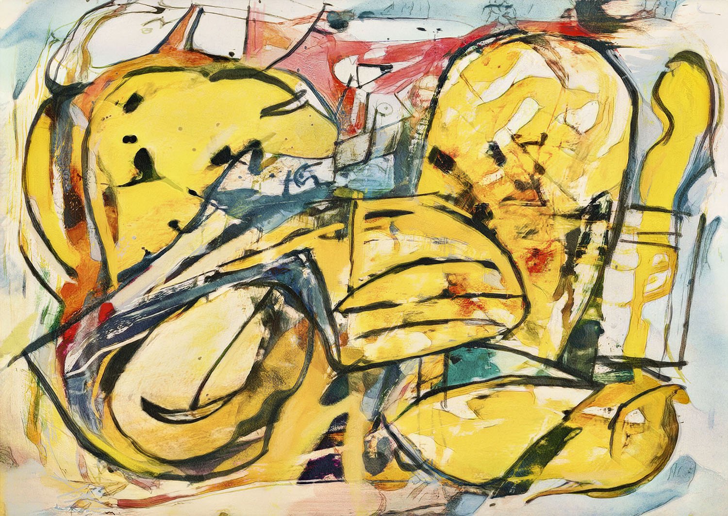 An abstract watercolor painting with black outline details.