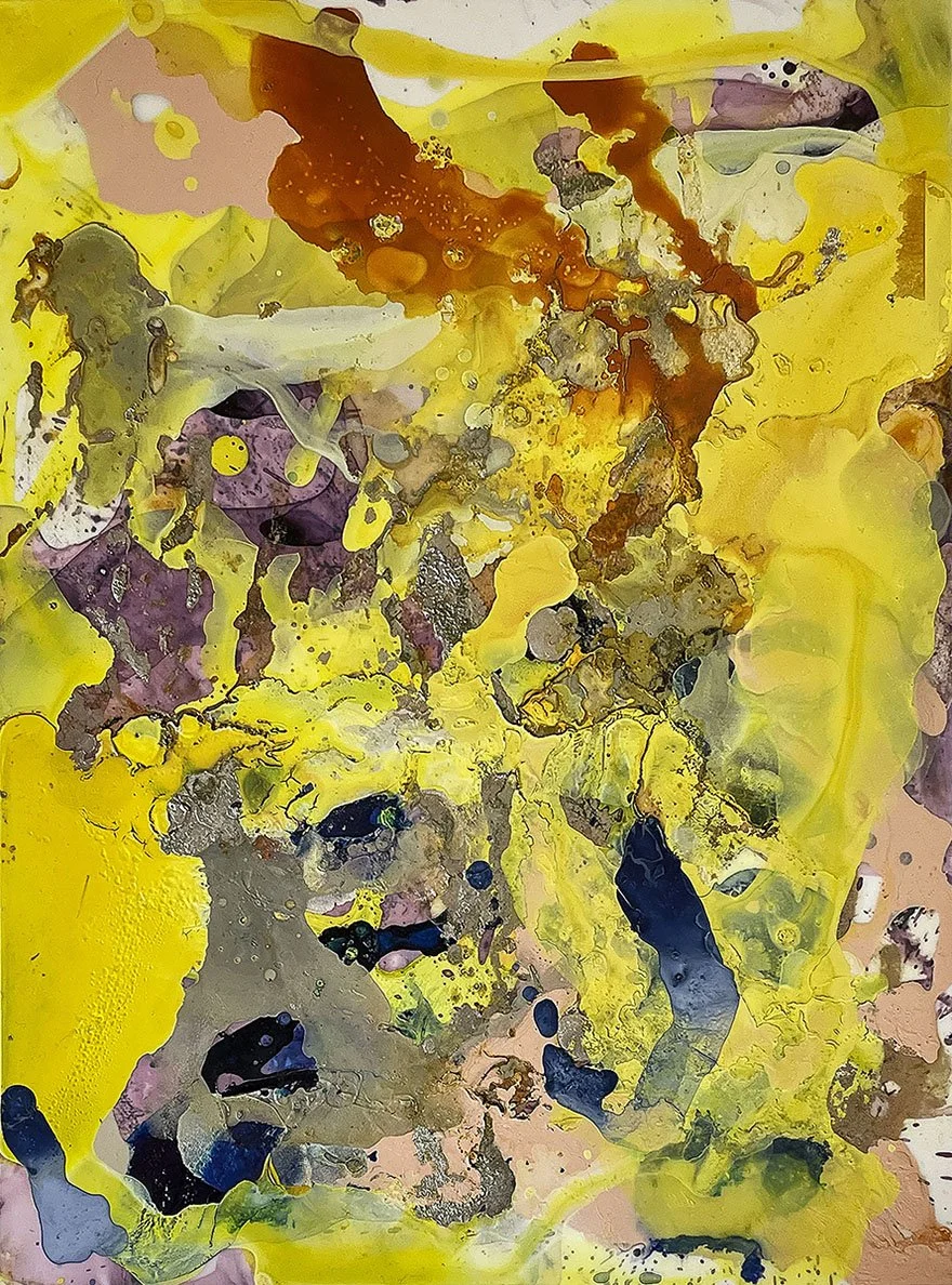Abstract painting with yellow, brown, purple, gray, and black splashes and drips of paint.