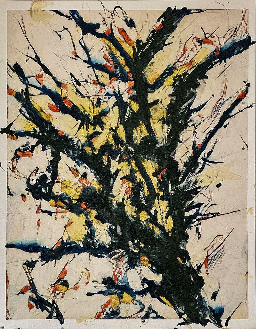 Abstract painting of a tree with black branches, touches of yellow, red, and blue, on a beige background.