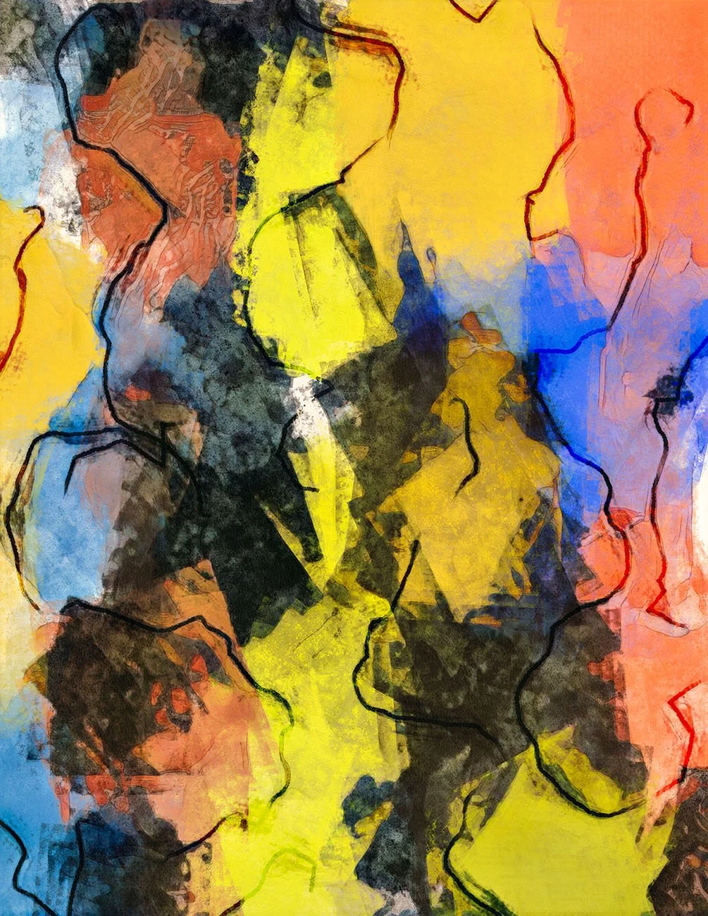 Abstract colorful painting with black outlines, featuring vibrant yellow, red, blue, orange, and black patches in an expressive, fluid composition.