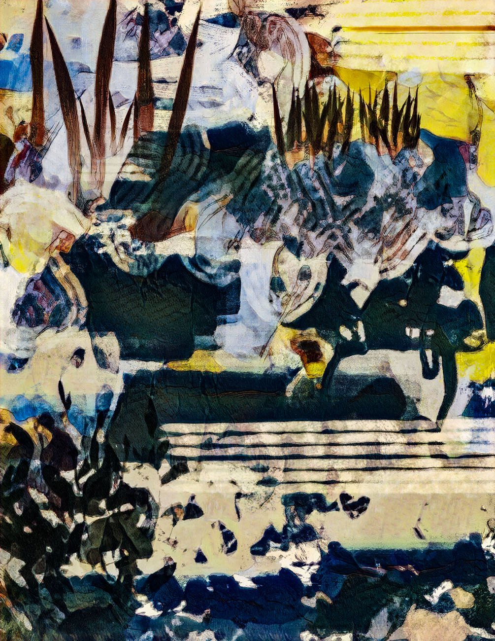 A painting depicting a scene, possibly a historical or cultural event, using a mix of abstract and impressionistic styles with bold brushstrokes and colors.