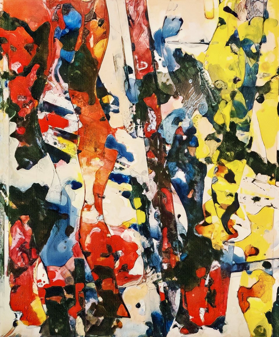 An abstract painting with bold, vibrant colors including red, yellow, blue, black, and white, featuring expressive, flowing shapes and brushstrokes.