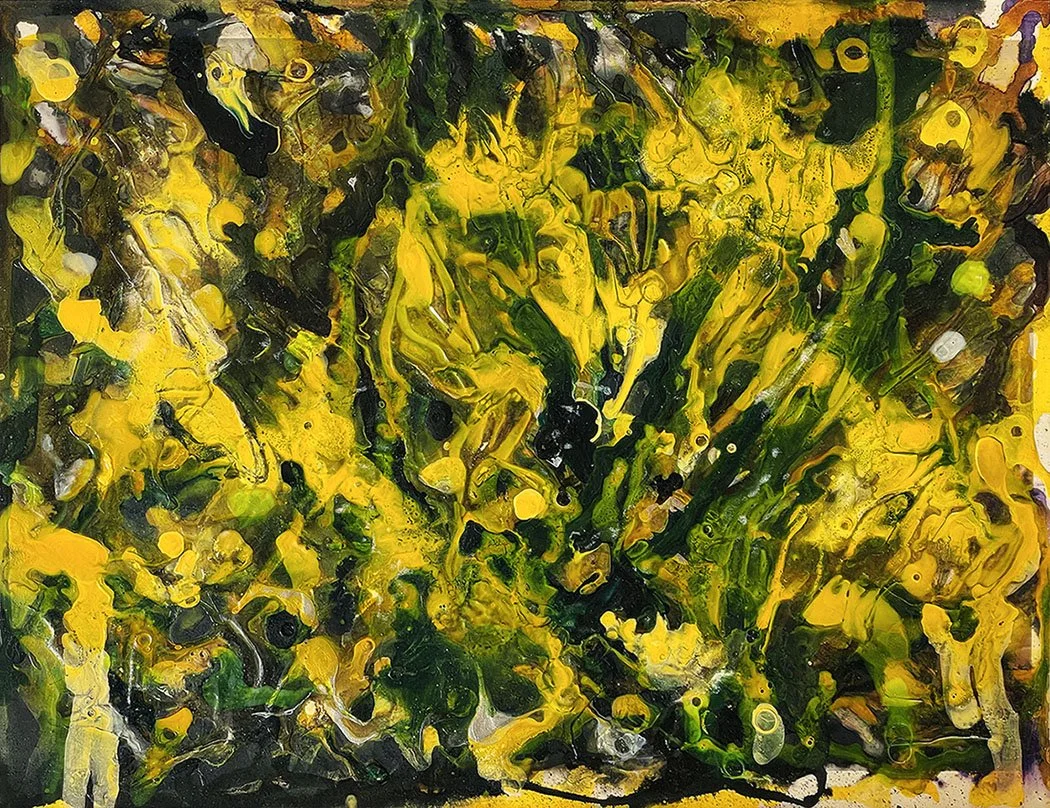 Abstract expressionist painting with swirls and splashes of yellow, black, green, and hints of purple and white.