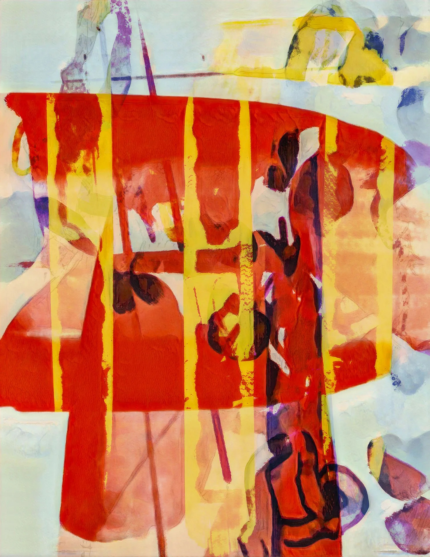 Abstract watercolor painting featuring a dog with a red coat and yellow lines, surrounded by light pastel colors.