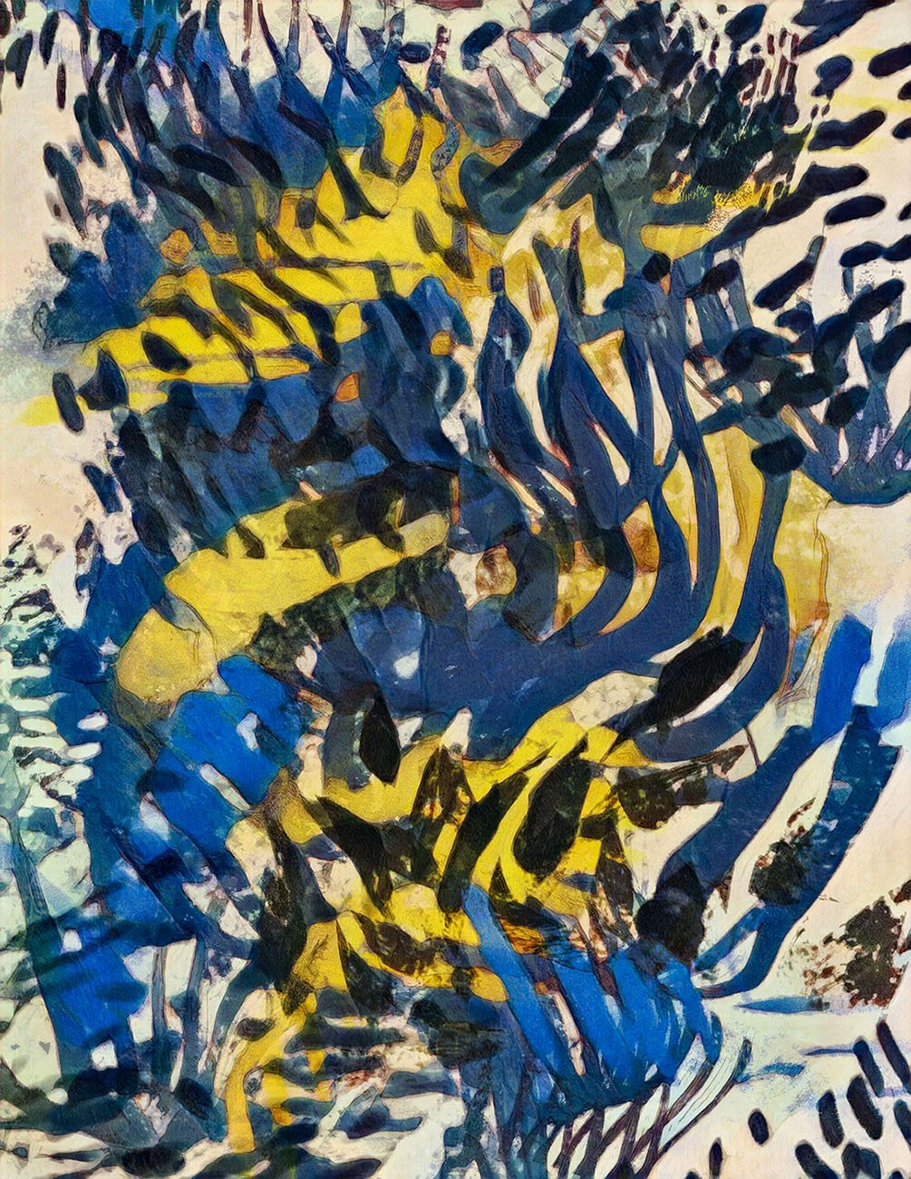 Abstract painting with bold yellow, blue, and black brushstrokes.
