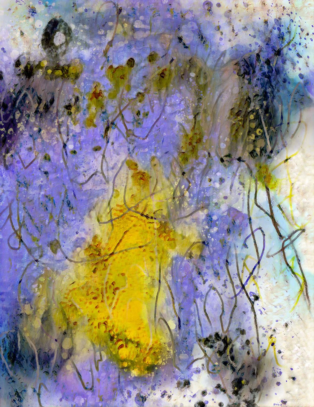 Abstract watercolor painting featuring shades of purple, yellow, and black with flowing lines and splatters.