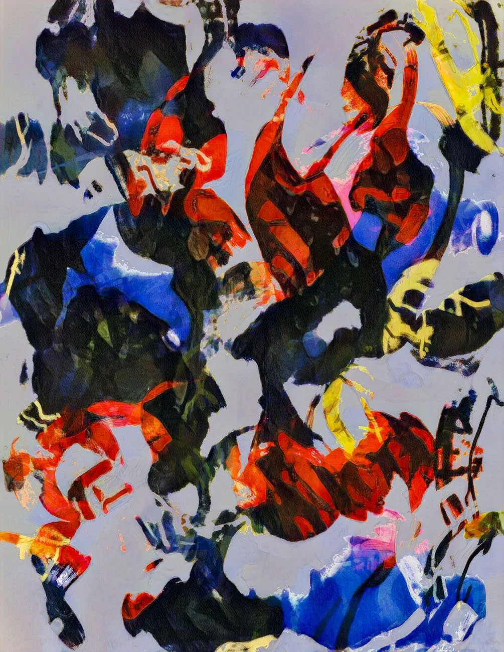 Abstract painting with splashes of red, yellow, blue, black, and white colors intertwining