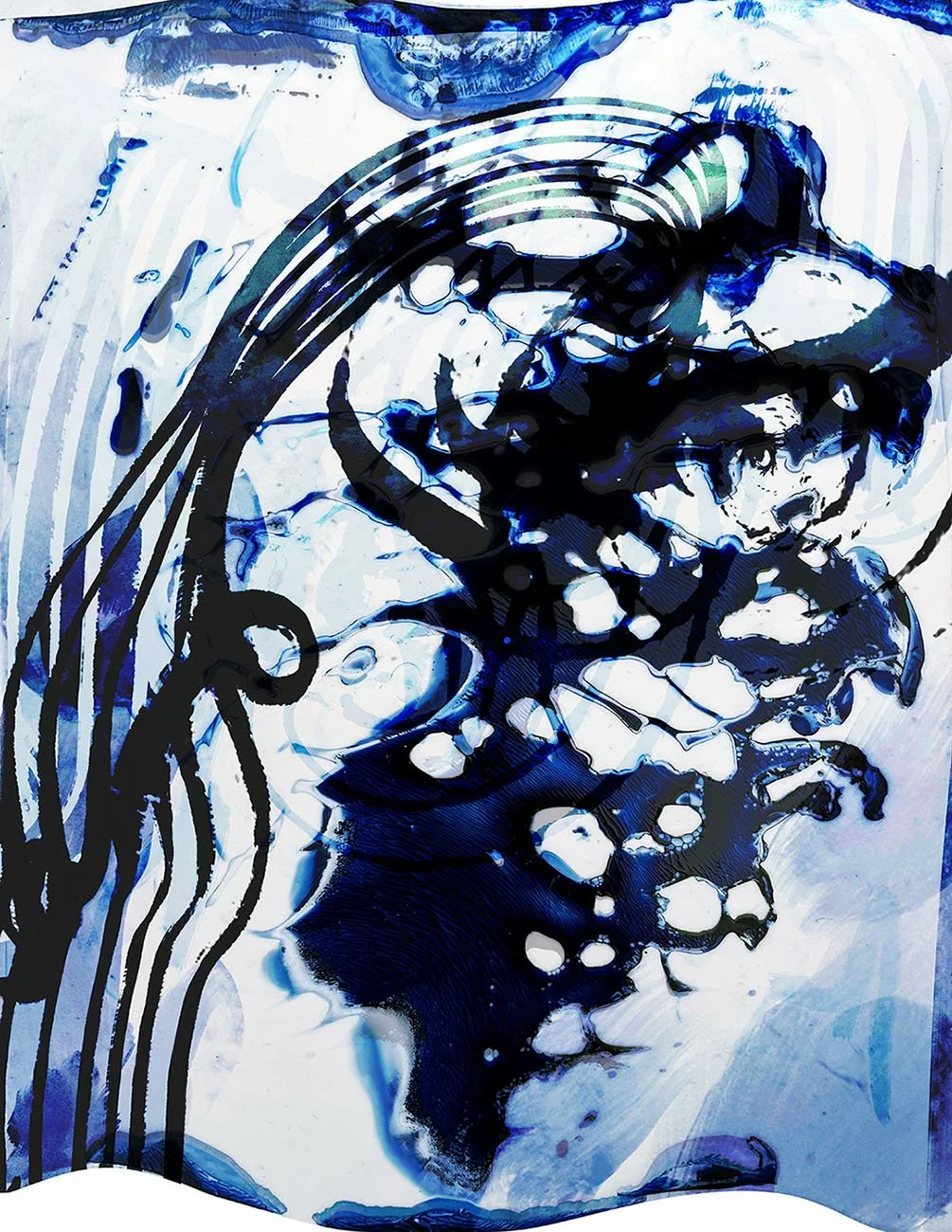 Abstract watercolor painting of a angel's face in shades of blue and black with flowing lines and splashes.
