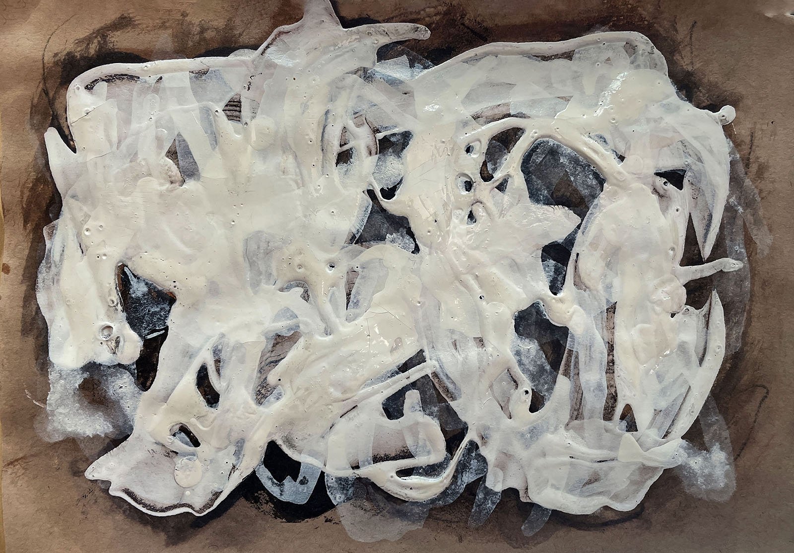 Abstract art piece with white and black irregular, organic shapes layered on a brown background.