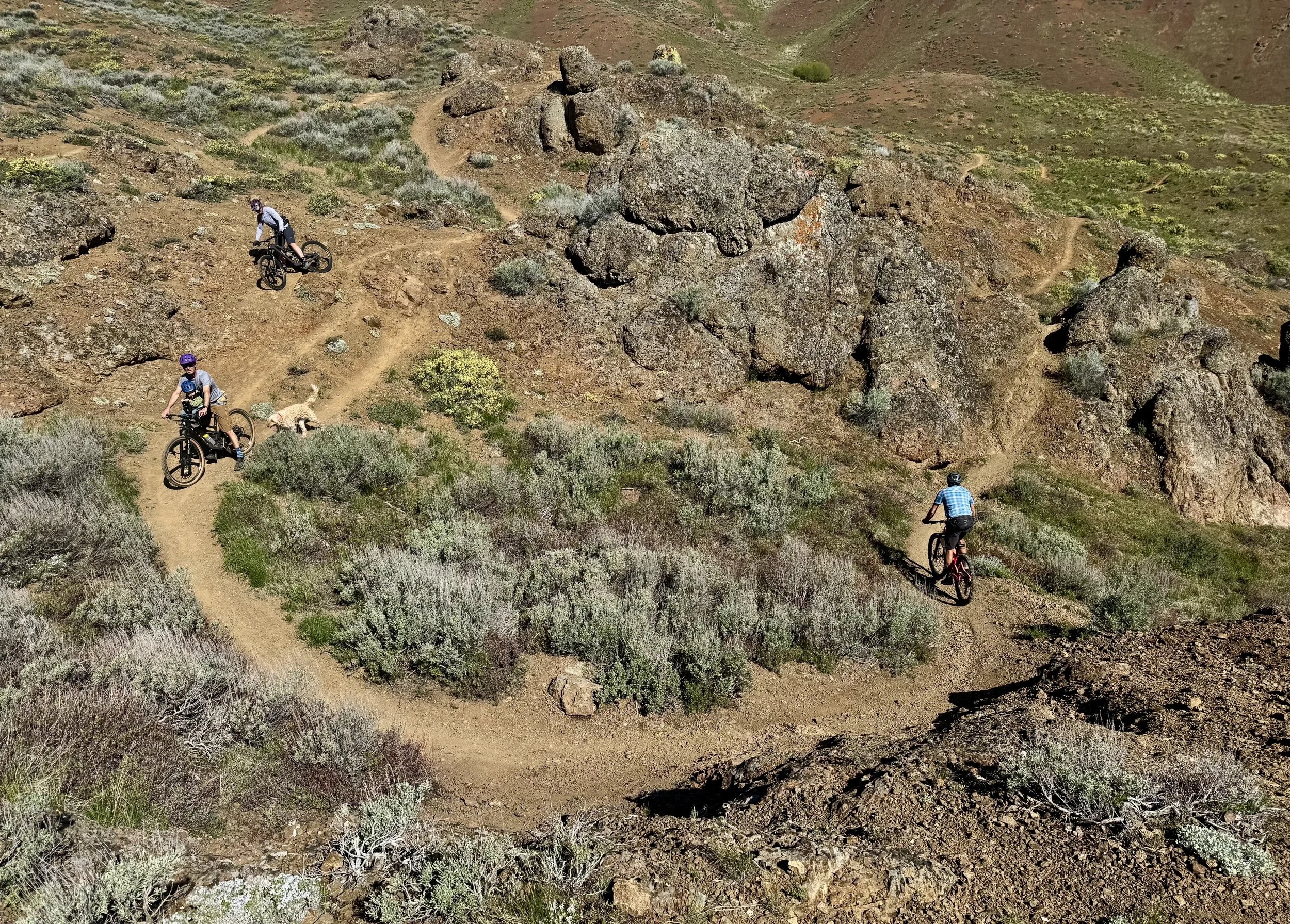 People mountain biking on a dirt trail through a rocky, hilly terrain with sparse vegetation.