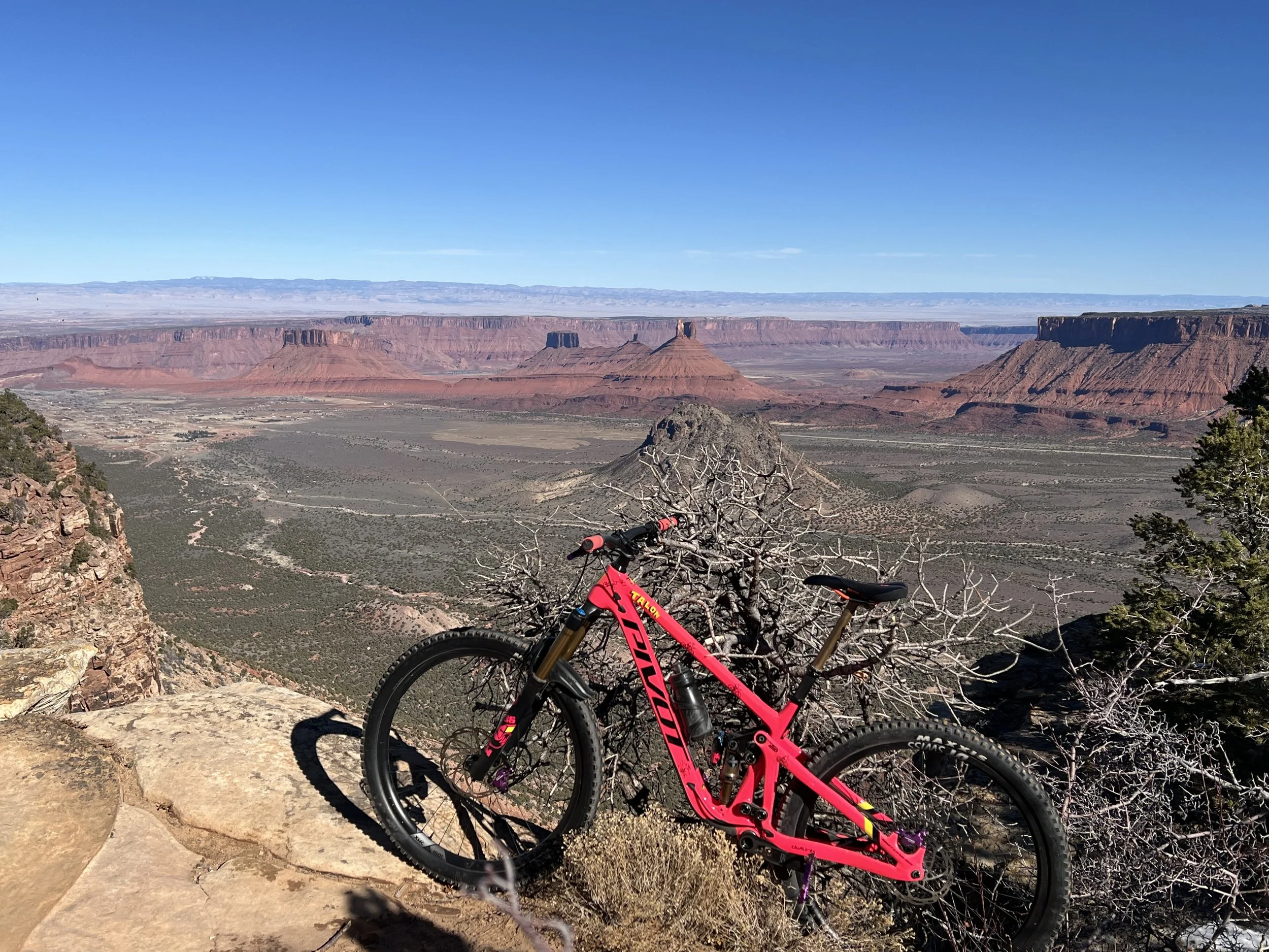 A bright pink mountain bike resting against a rock on a desert overlook with layered red rock formations and mesas in the distance under a clear blue sky.