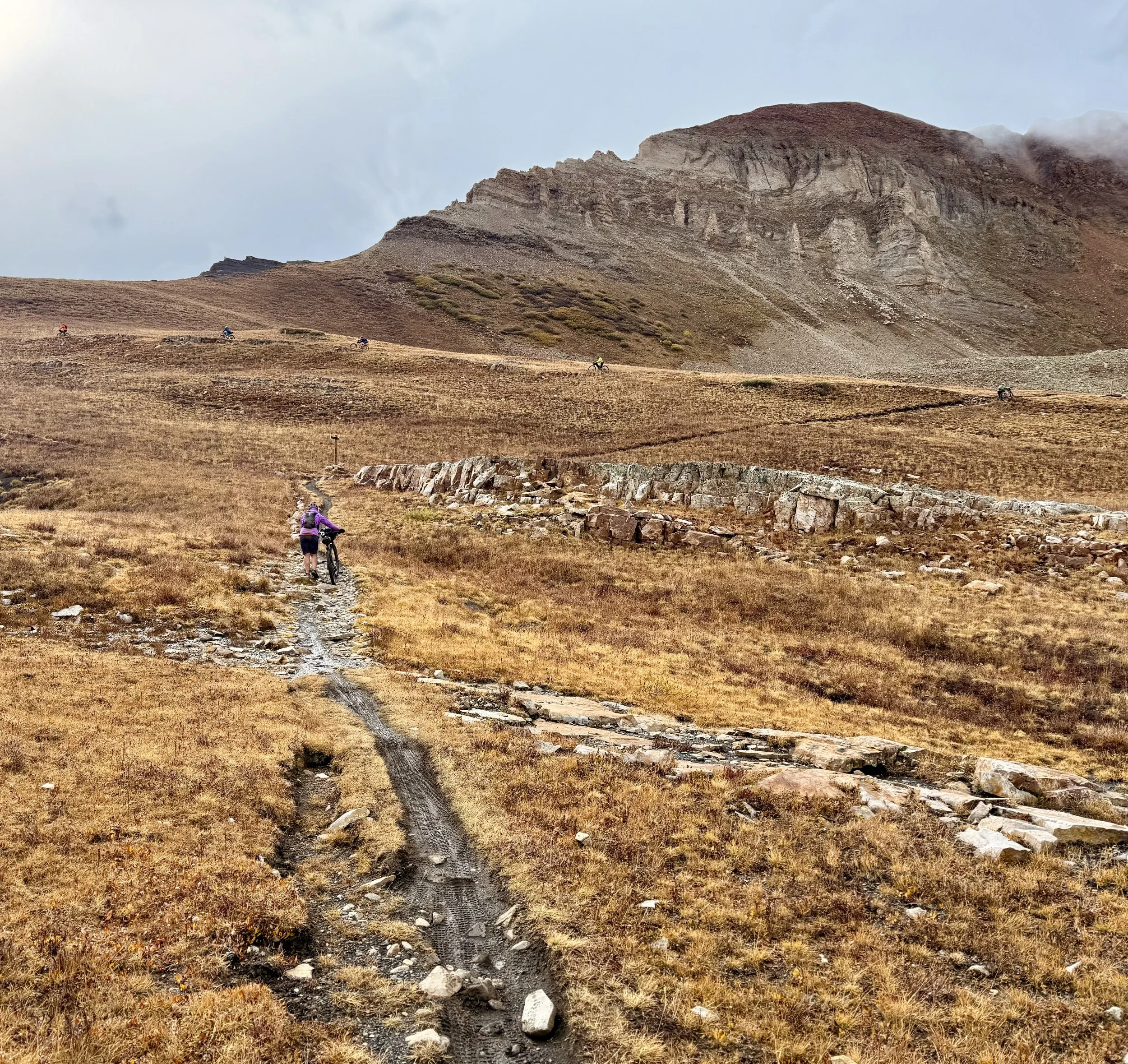 A group of mountain bikers riding on a trail through a dry, grassy landscape with a large rocky mountain in the background.