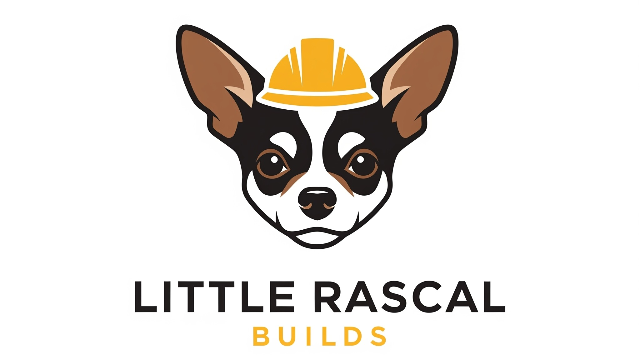 Little Rascal Builds logo featuring the face of a Chihuahua wearing a yellow hard hat and the name below
