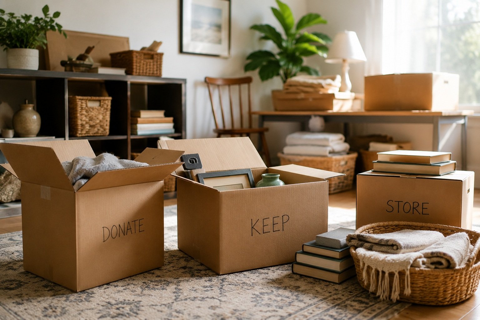 Images of boxes in a living room titled donate, keep and store