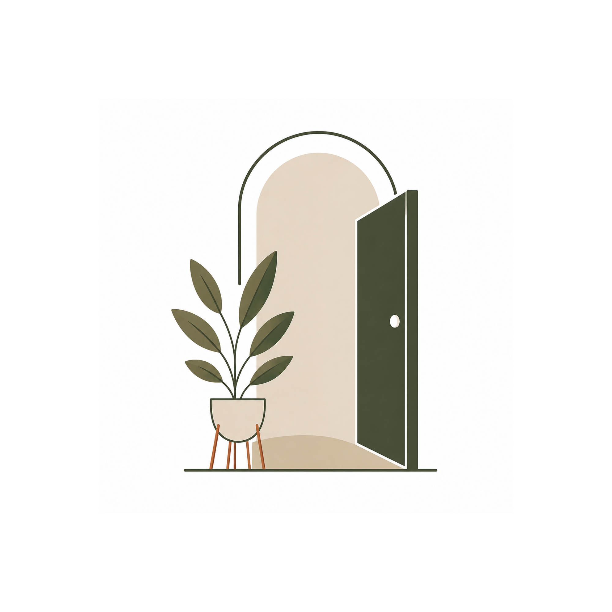 Minimalist illustration of an open door with potted plant in front of it, viewed through a window or opening, with a beige and green color palette.