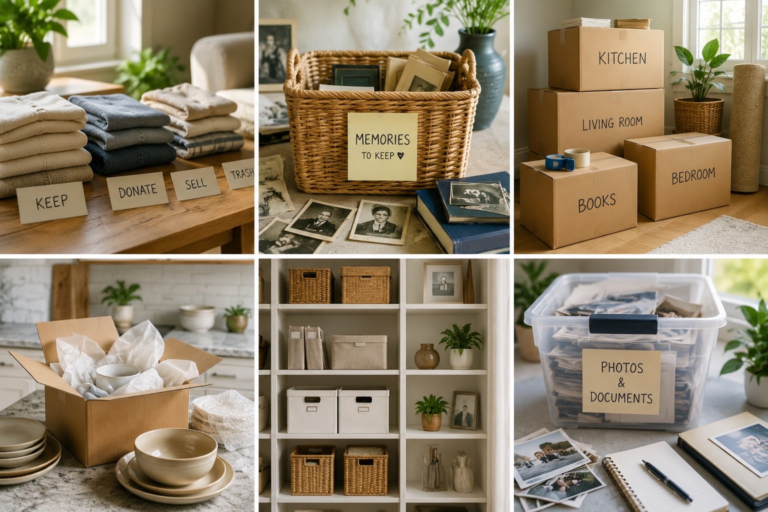 Organized home storage and decluttering items including folded clothes with labels, photo albums and printed photos, moving boxes labeled with rooms, shelves with storage baskets and decor, and a plastic bin filled with photos and documents.