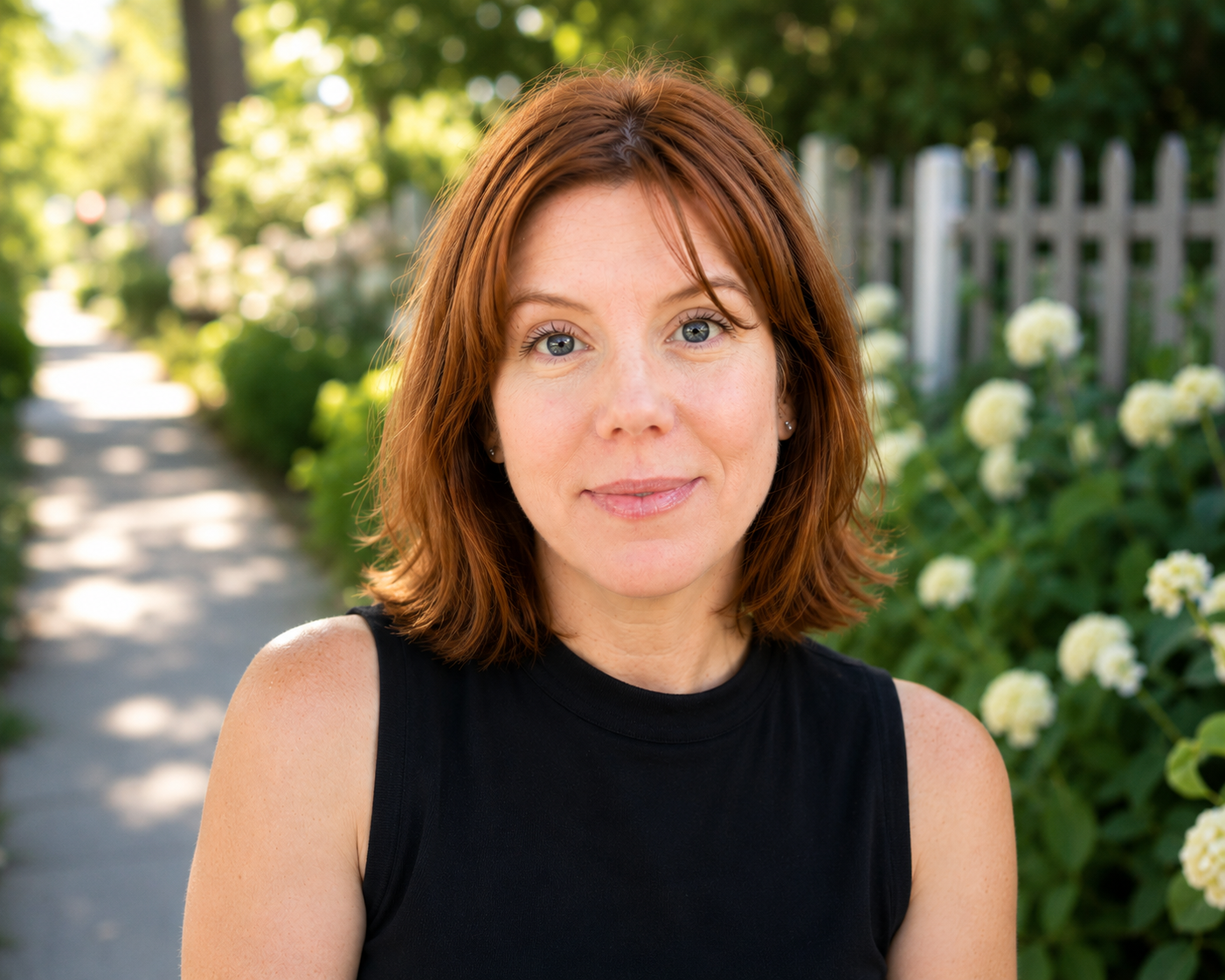 Close-up of a woman with shoulder-length auburn hair and blue eyes, wearing a sleeveless black top, standing outdoors with a garden and white flowers in the background.
