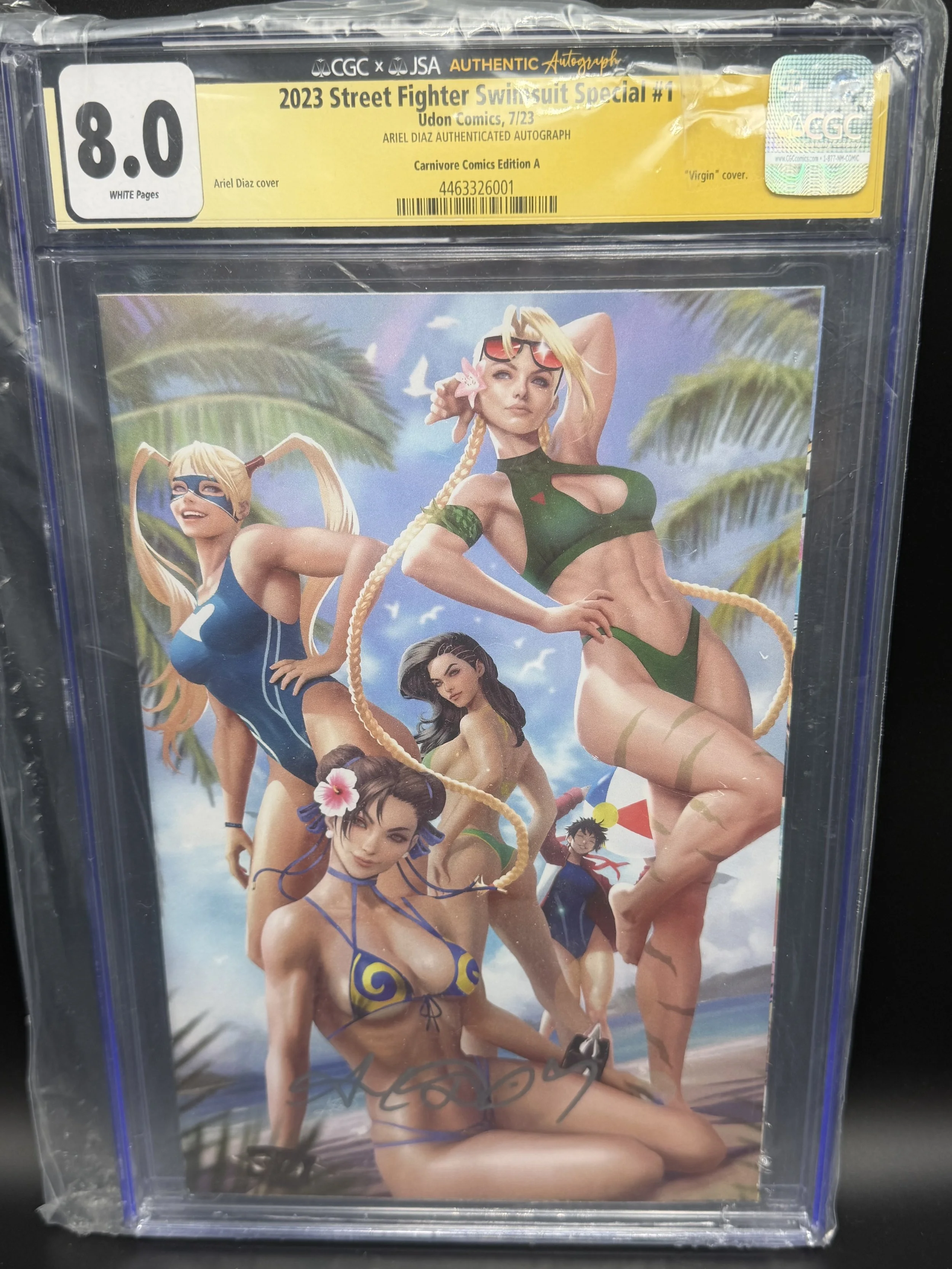 Street Fighter Swimsuit Special #1 (2023) – Carnivore Comics Exclusive Virgin Variant – Ariel Diaz Signed – CGC × JSA 8.0