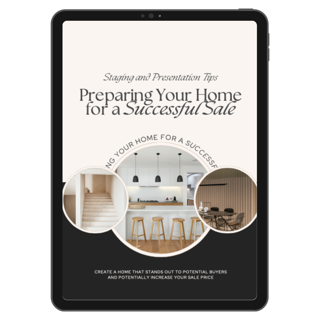 E-book cover titled "Staging and Presentation Tips: Preparing Your Home for a Successful Sale" with images of interior house spaces including staircase, kitchen, and dining area.