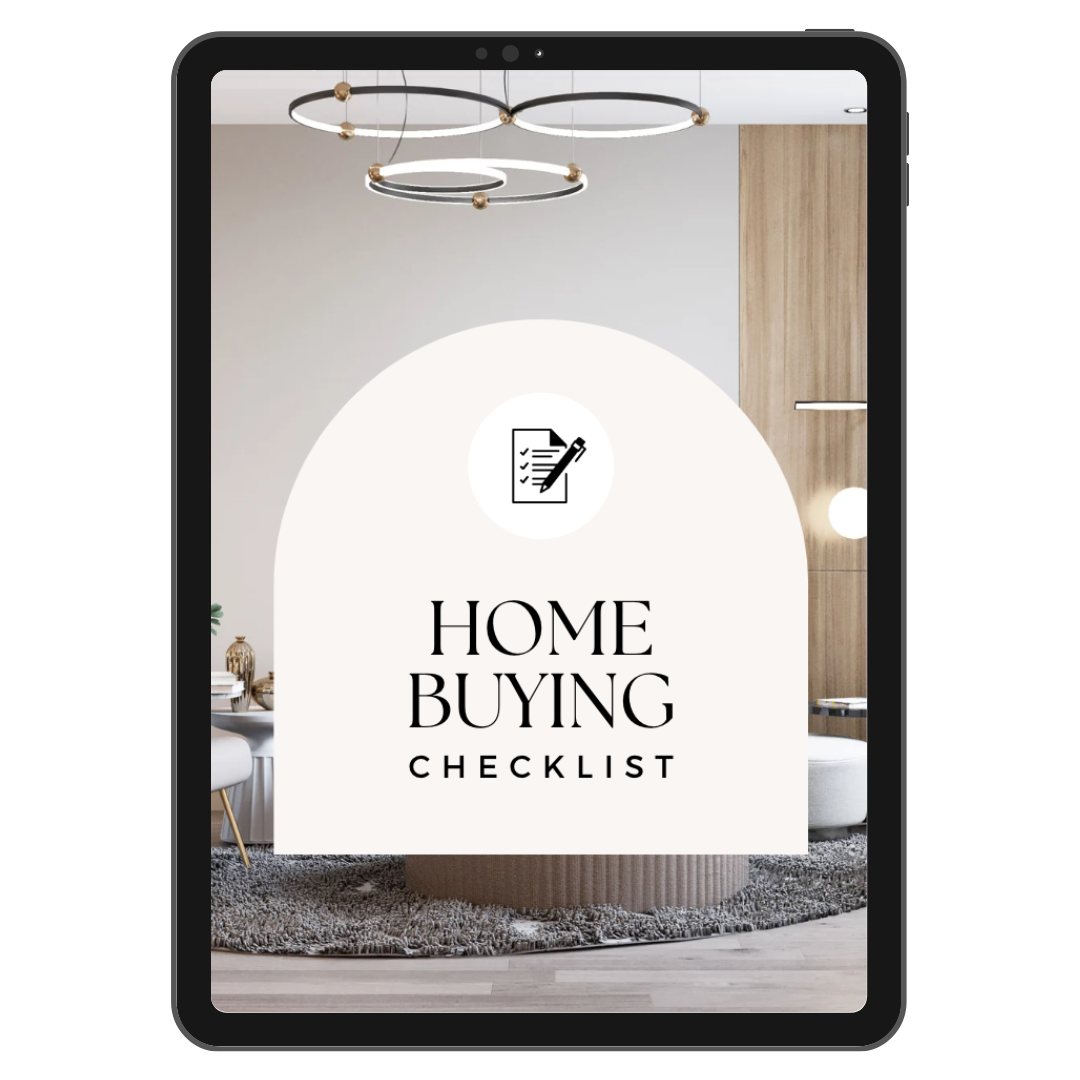 Home Buying Checklist app screen showing a modern living room with a chandelier, wooden panel, and a lighted wall fixture.