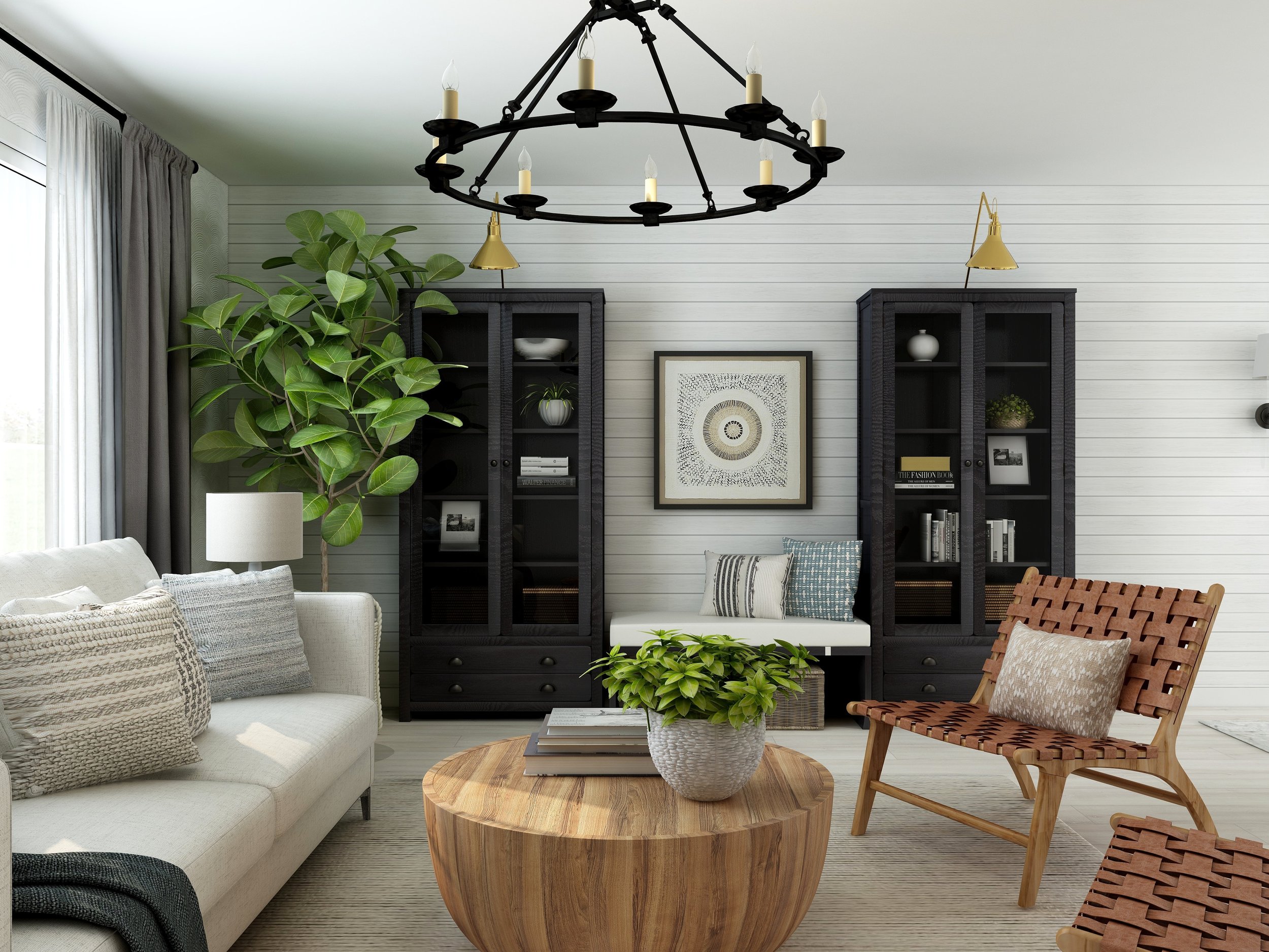 Living room with white sofa, beige pillows, potted plant, black cabinets, framed artwork, wooden coffee table, and woven chairs, illuminated by a black circular chandelier with candle-shaped lights.