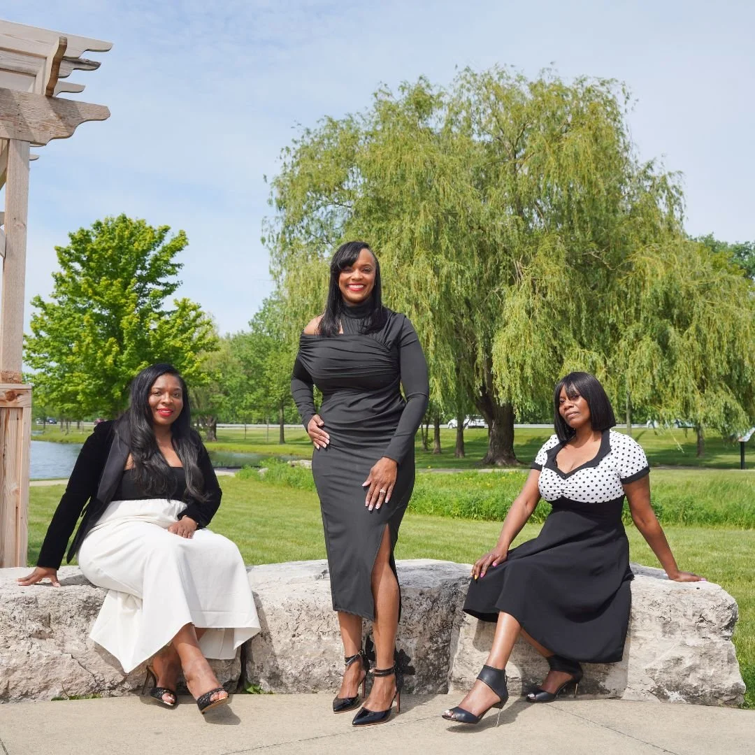 Three women in stylish dresses posing outdoors on a large rock, with trees and a park landscape in the background.
