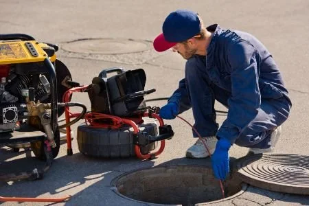 A technician in blue coveralls and a red and blue cap inspects a sewer manhole with tools and equipment nearby.