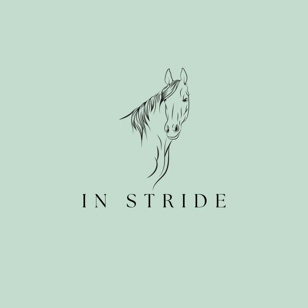 A minimalist drawing of a horse's head with the words 'IN STRIDE' underneath on a light green background.