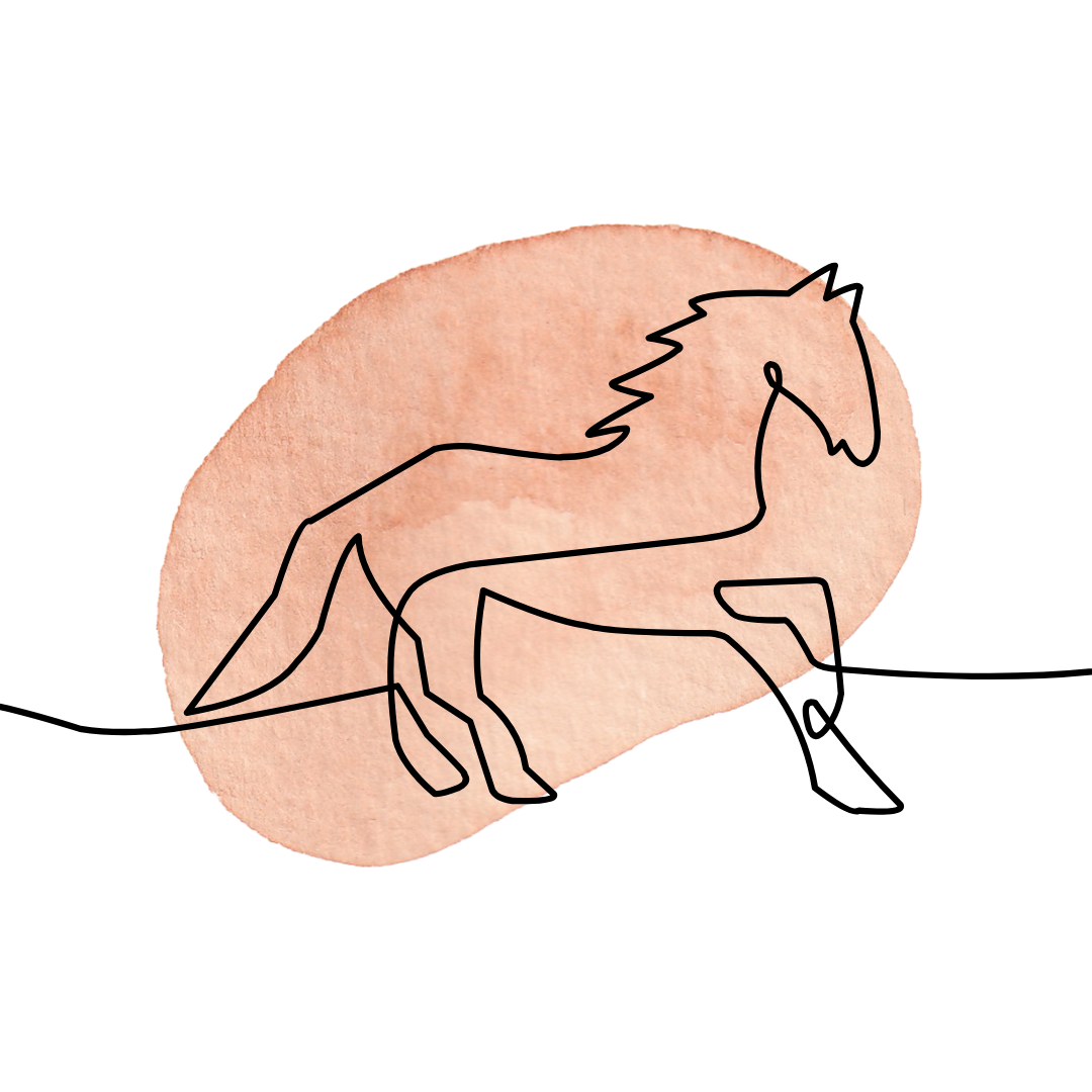 Line drawing of a horse over a pink watercolor background.