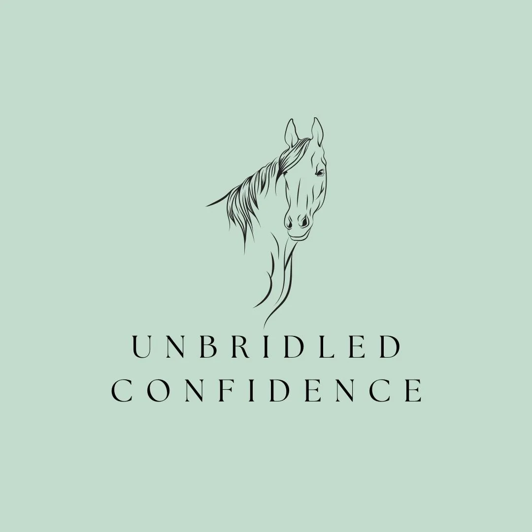 Minimalist line drawing of a horse's head with the text 'Unbridled Confidence' underneath, on a light green background.