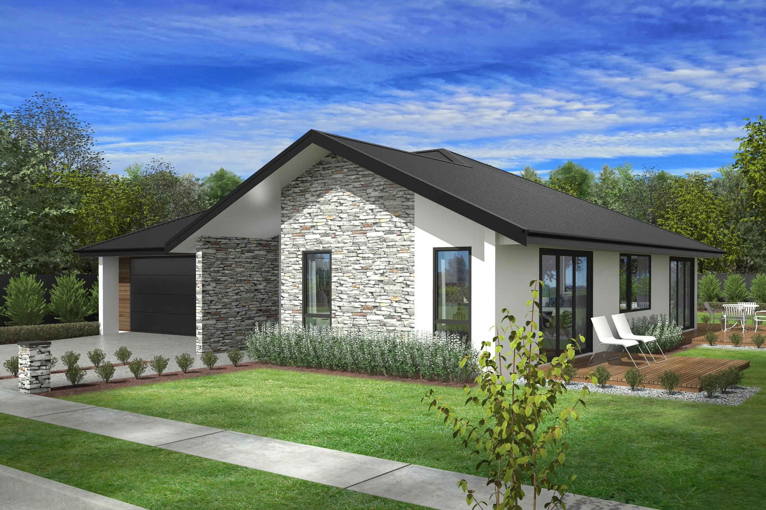 Modern house with stone and stucco exterior, large glass windows, black roof, and surrounded by green lawn and trees.