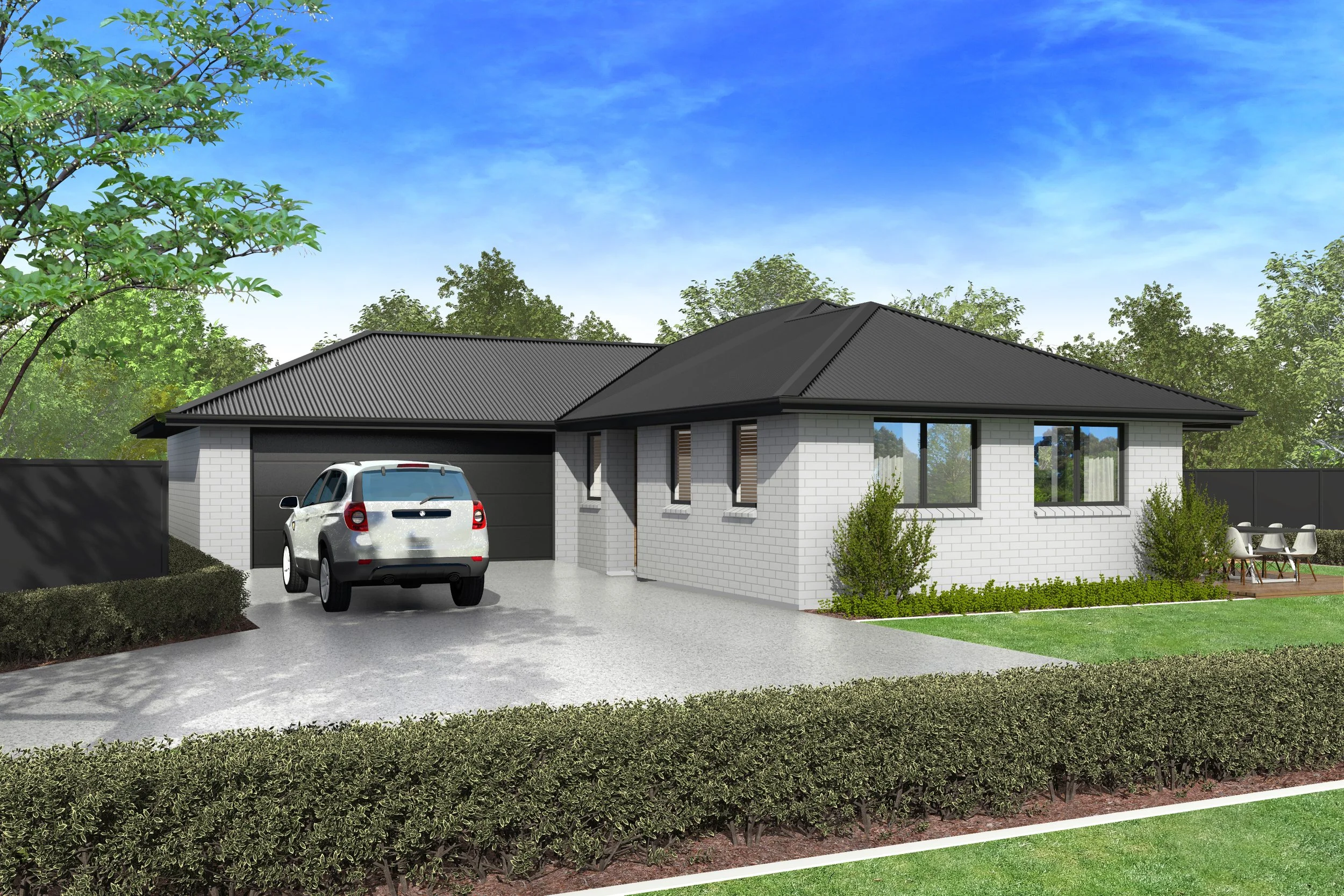 A modern single-story house with white brick walls, a dark gray tiled roof, and large windows. A white car is parked in the driveway. The yard is landscaped with bushes, small trees, and a small patio with outdoor seating. The background features a blue sky with some clouds and green trees.