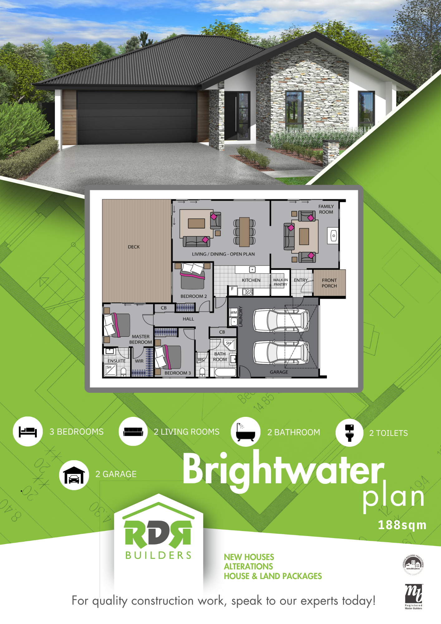 A house with a dark gray roof, stone and white exterior, and a black garage door. The property features a concrete driveway, landscaped front yard with bushes, and a pathway leading to the front door. A floor plan overlay shows a layout with three bedrooms, two living rooms, two bathrooms, two toilets, a garage, and a deck. The plan is associated with Brightwater residential development by RDR Builders.