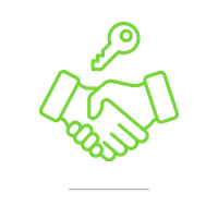 Outline of a handshake with a key above it, all in green.