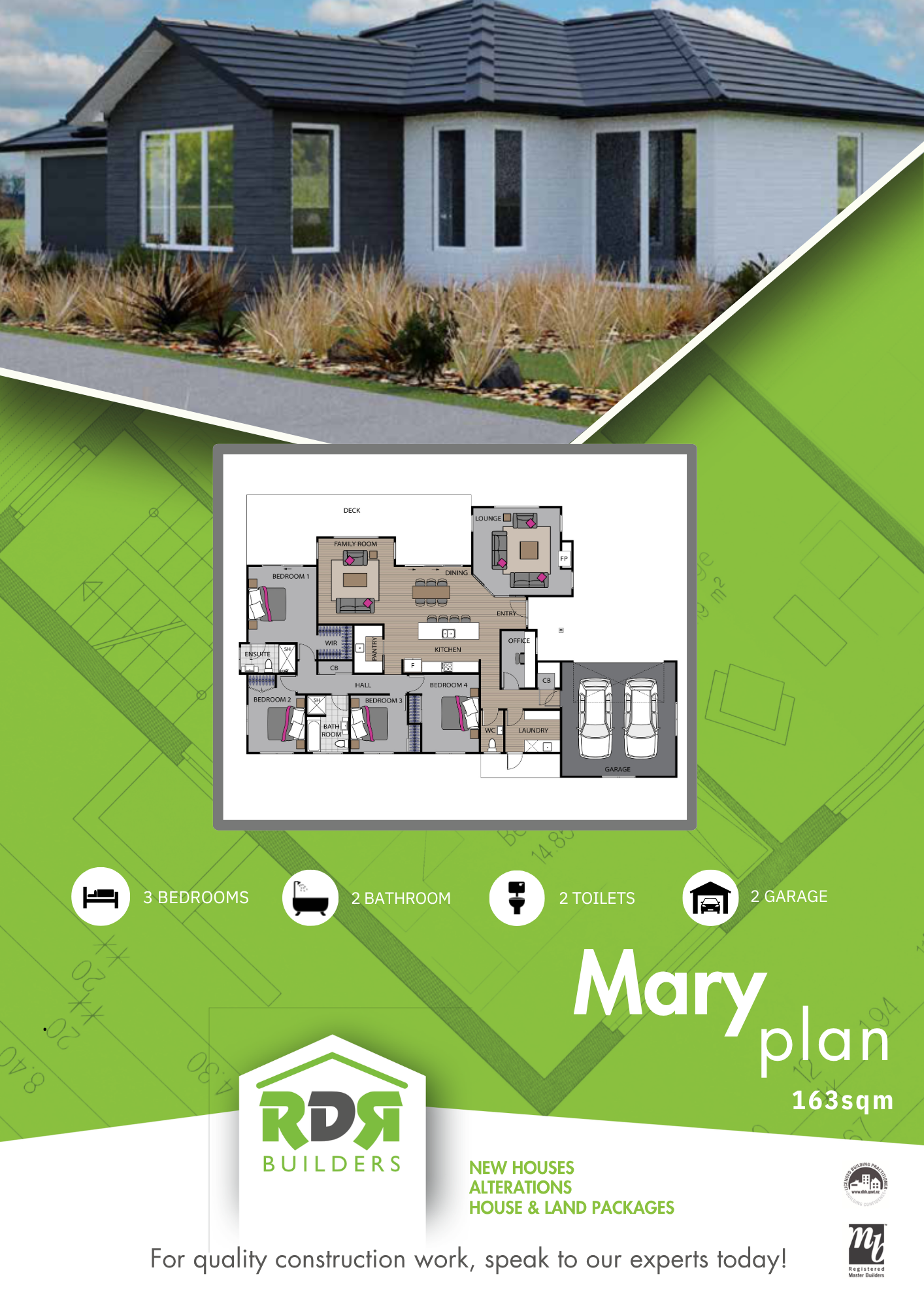 A house with modern design, black and white exterior, large windows, landscaped yard with ornamental grasses, and a blueprint of a house floor plan showing three bedrooms, two bathrooms, two toilets, and a two-car garage.