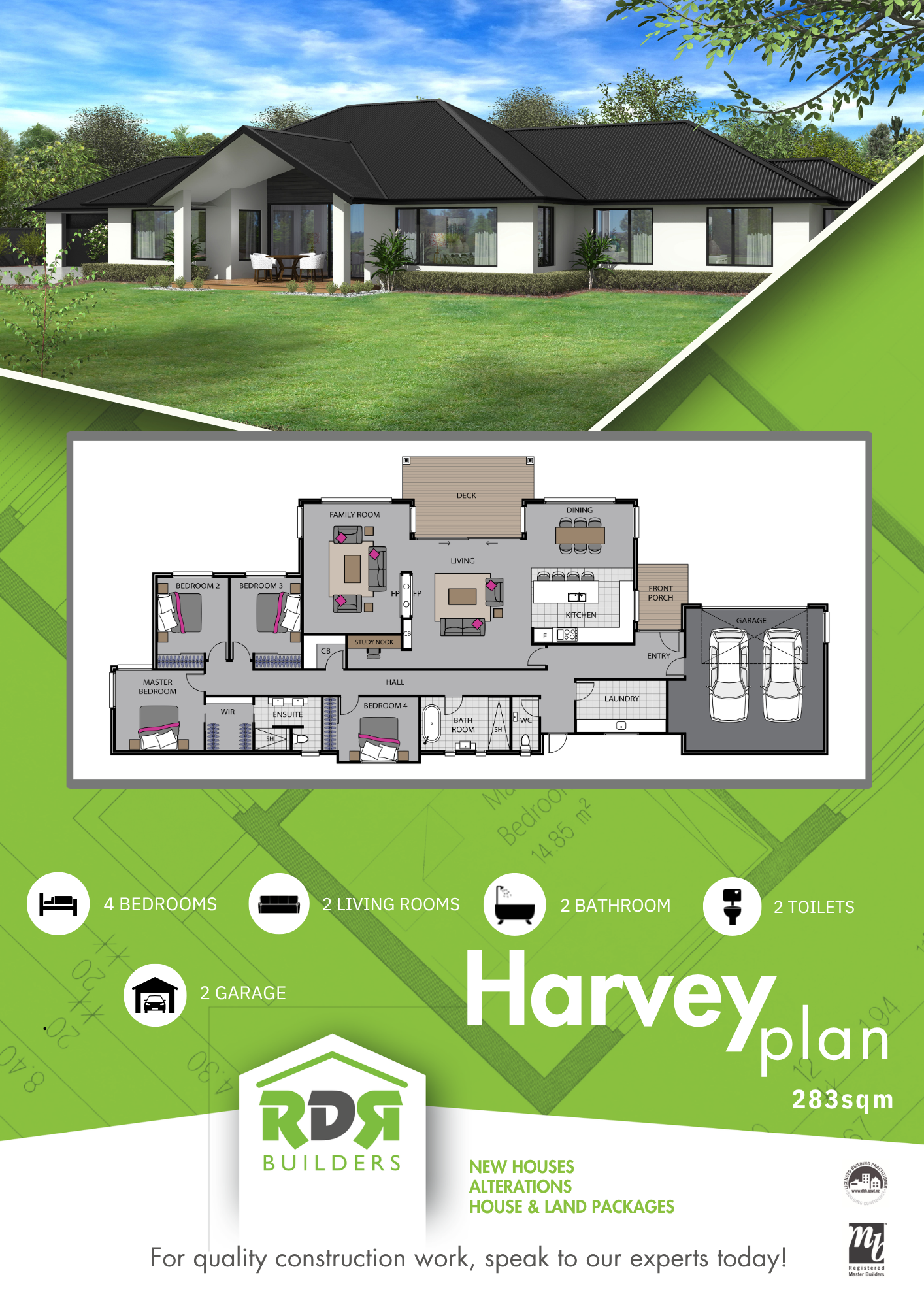 A modern single-story house with a black roof, white exterior walls, and large windows, surrounded by a green lawn with trees and shrubs. The house features a front porch with outdoor furniture and a deck at the back.
