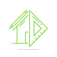Green digital construction icons including buildings, a protractor, and a ruler.