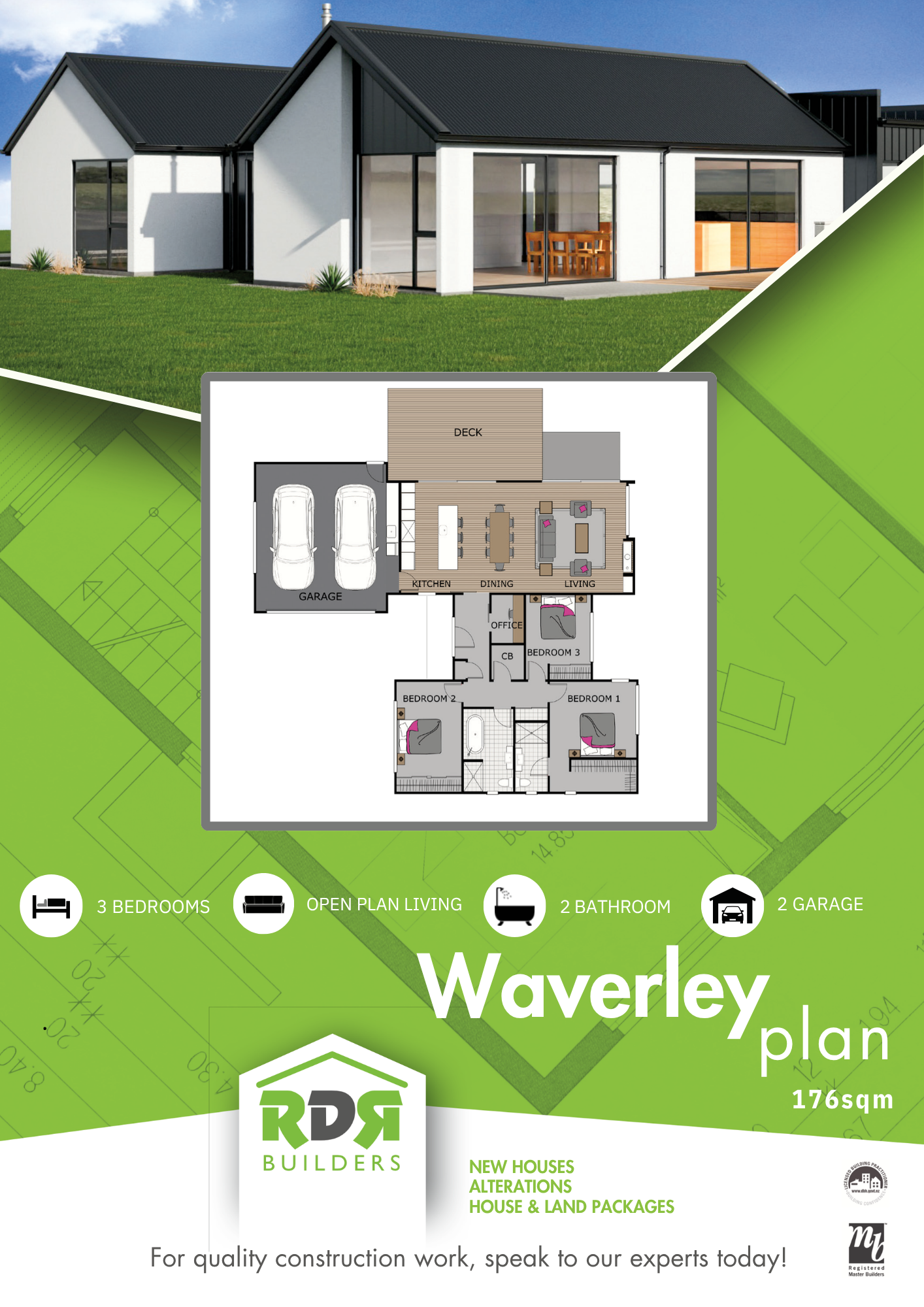 Image of a modern house with large glass doors leading to a patio, set in a green lawn under a blue sky. Below, a floor plan layout shows a garage, kitchen, dining, living room, office, and three bedrooms, with icons indicating features such as 3 bedrooms, open plan living, 2 bathrooms, and a 2-car garage. The design is by RDR Builders, promoting new houses, alterations, and house and land packages.