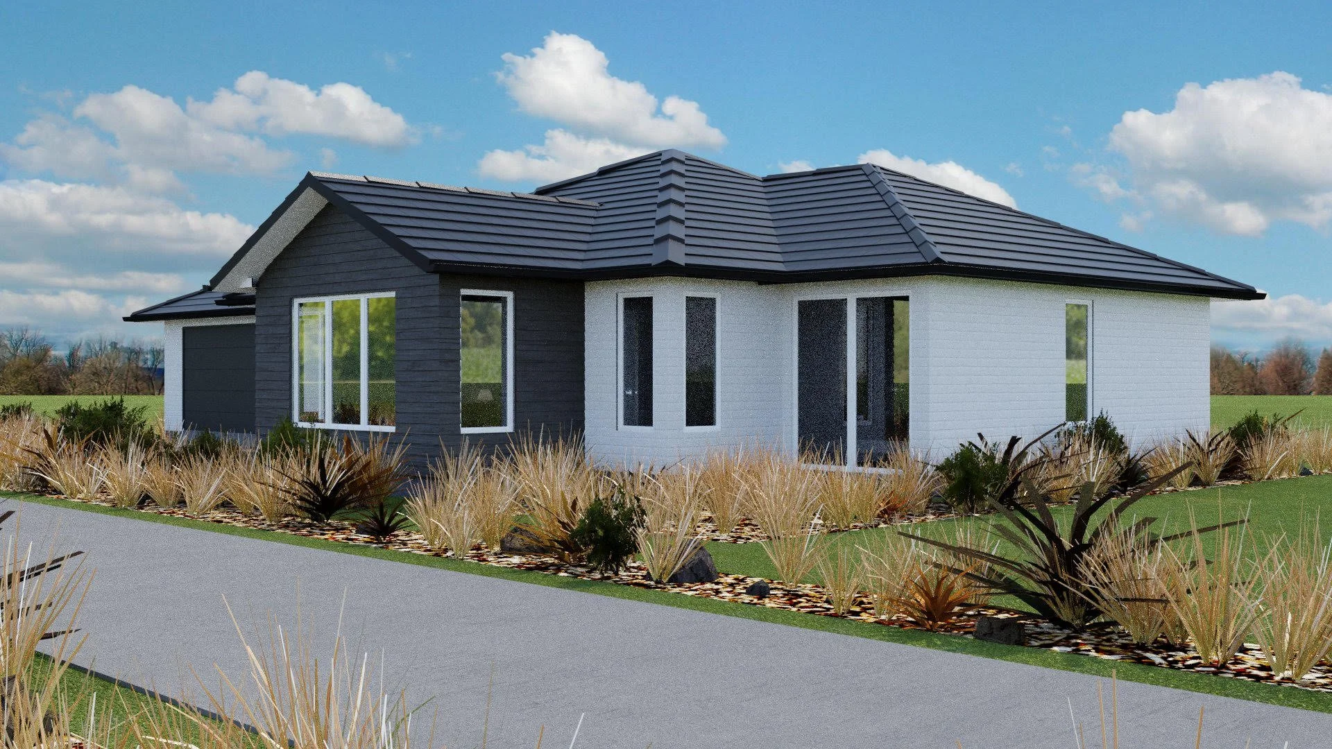 A modern house with a black and white exterior, large windows, a sloped dark roof, and surrounded by desert-style landscaping with ornamental grasses.