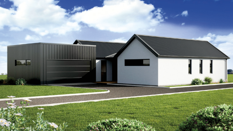 Modern house with a black garage door, white walls, black roof, and well-maintained lawn under a partly cloudy sky.