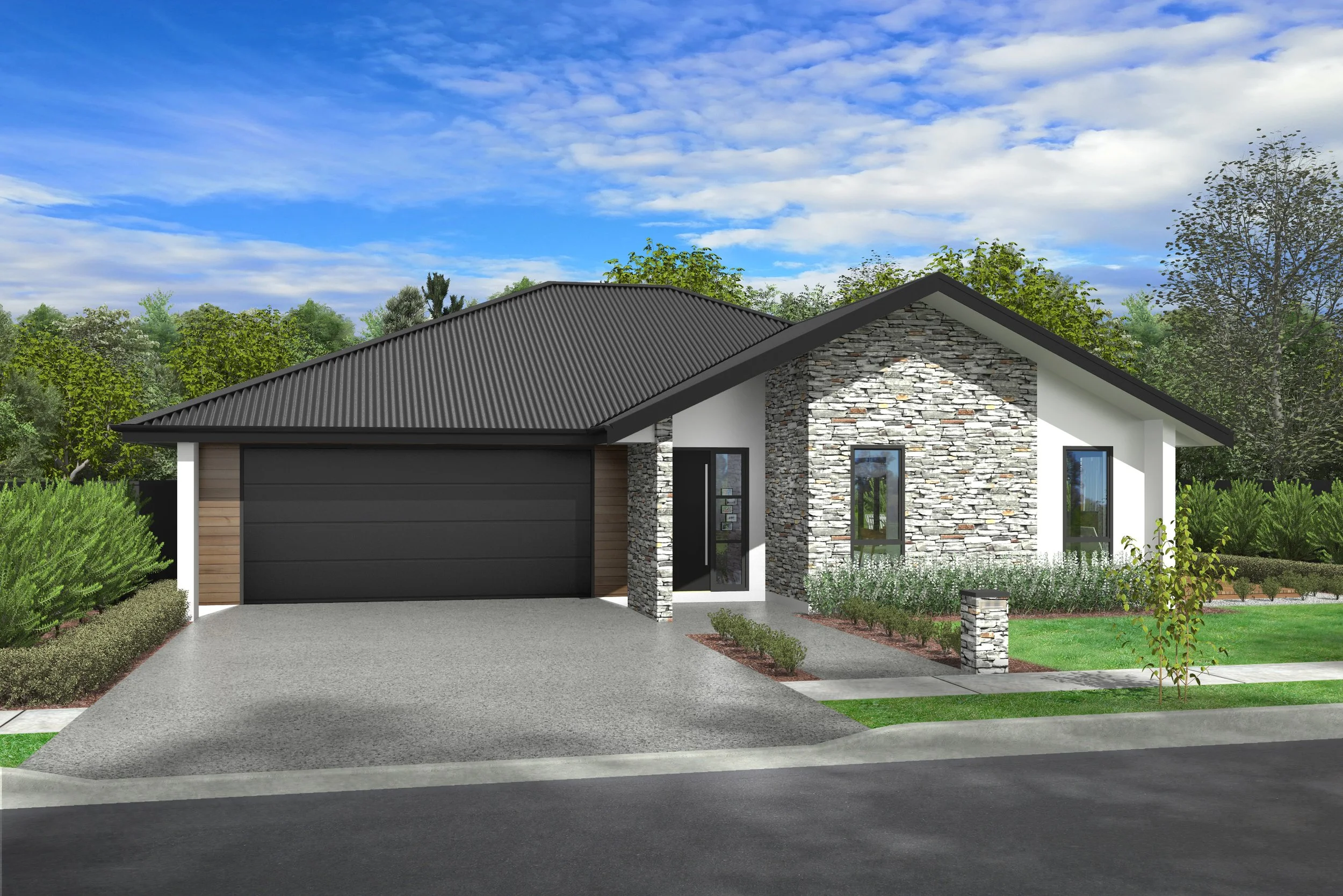 Modern house with black garage door, stone accents, and large windows, surrounded by landscaped greenery and trees under a blue sky with scattered clouds.