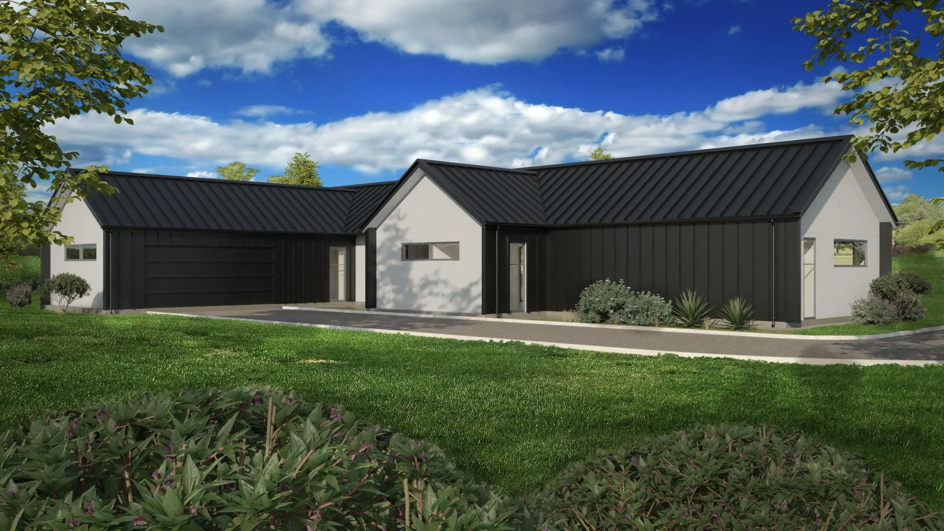 Modern single-story house with a black metal roof, white and black exterior walls, a garage, and landscaped yard with green grass, shrubs, and trees under a partly cloudy sky.